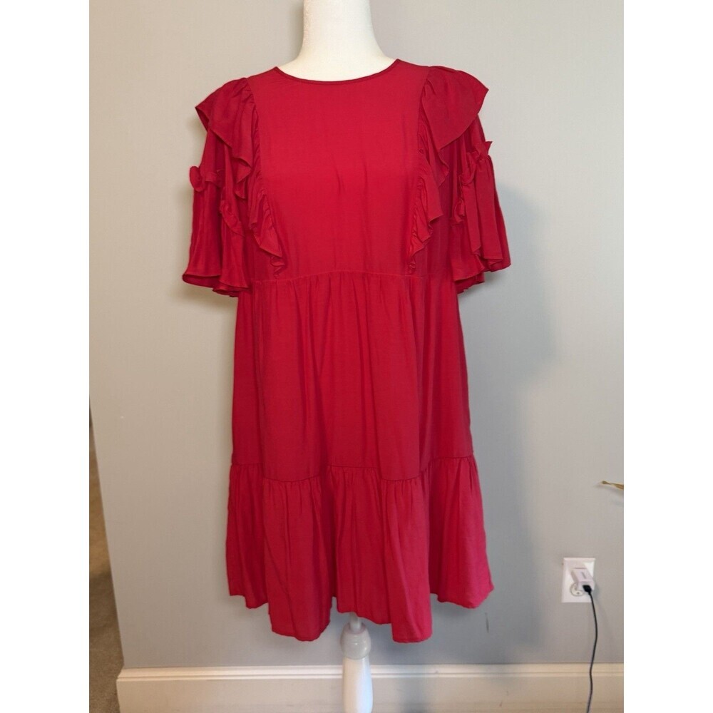 Who What Wear Red Ruffled Statement Sleeves Tiered Dress Size Medium